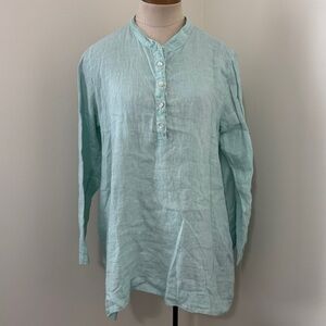 Ex Voto Medium 100% Linen Aqua Tunic Top ~ Pockets Long Sleeve Lagenlook